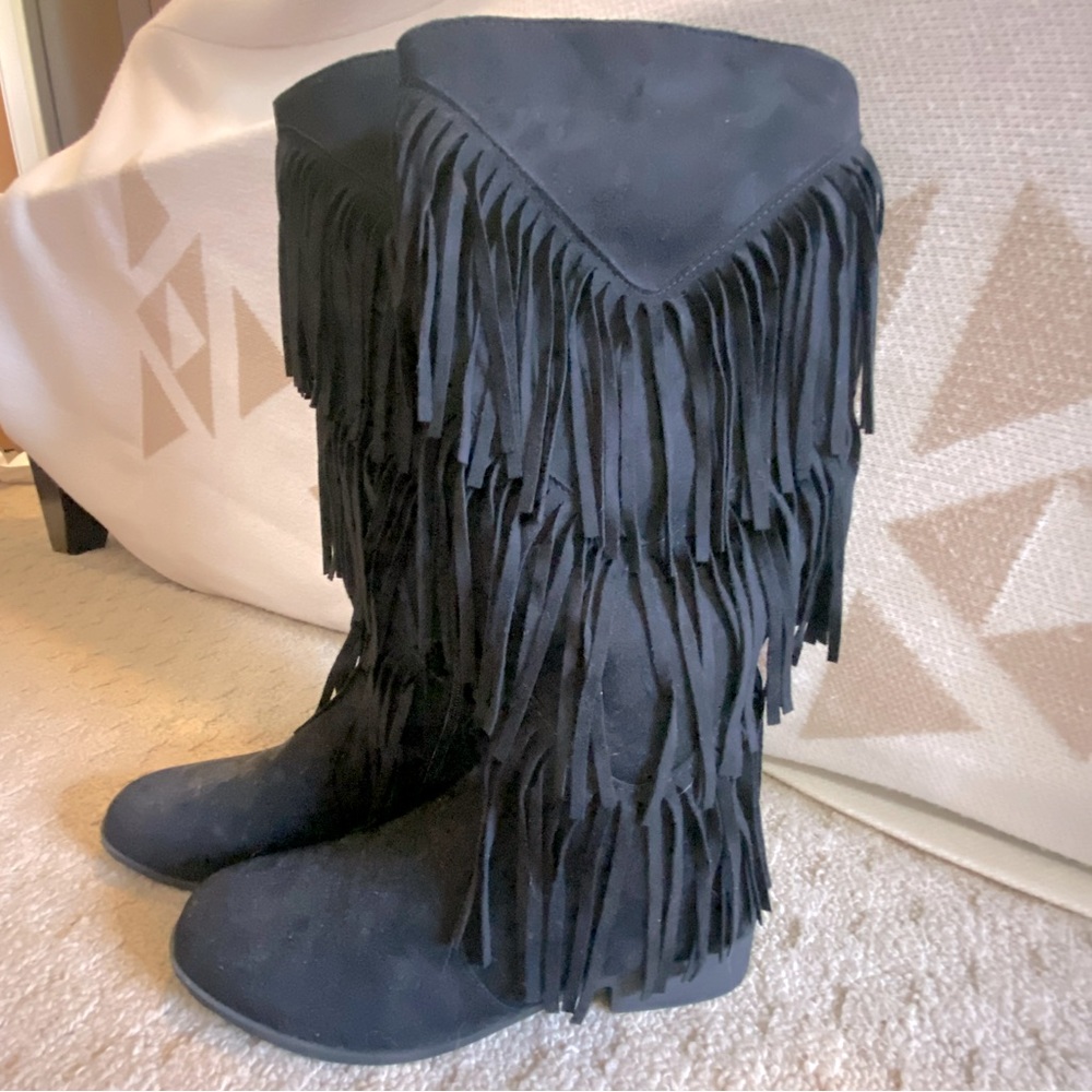Black, Fringe, Tall Boots